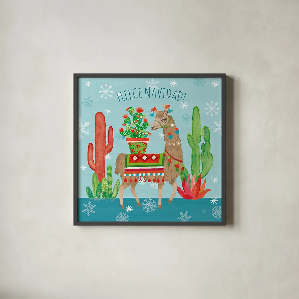 Lovely Llamas Christmas III by Mary Urban. Shown in a sleek black glass frame for a contemporary gallery look. Available as an archival giclee rolled canvas, fine art paper, or poster print. SKU 47235a.