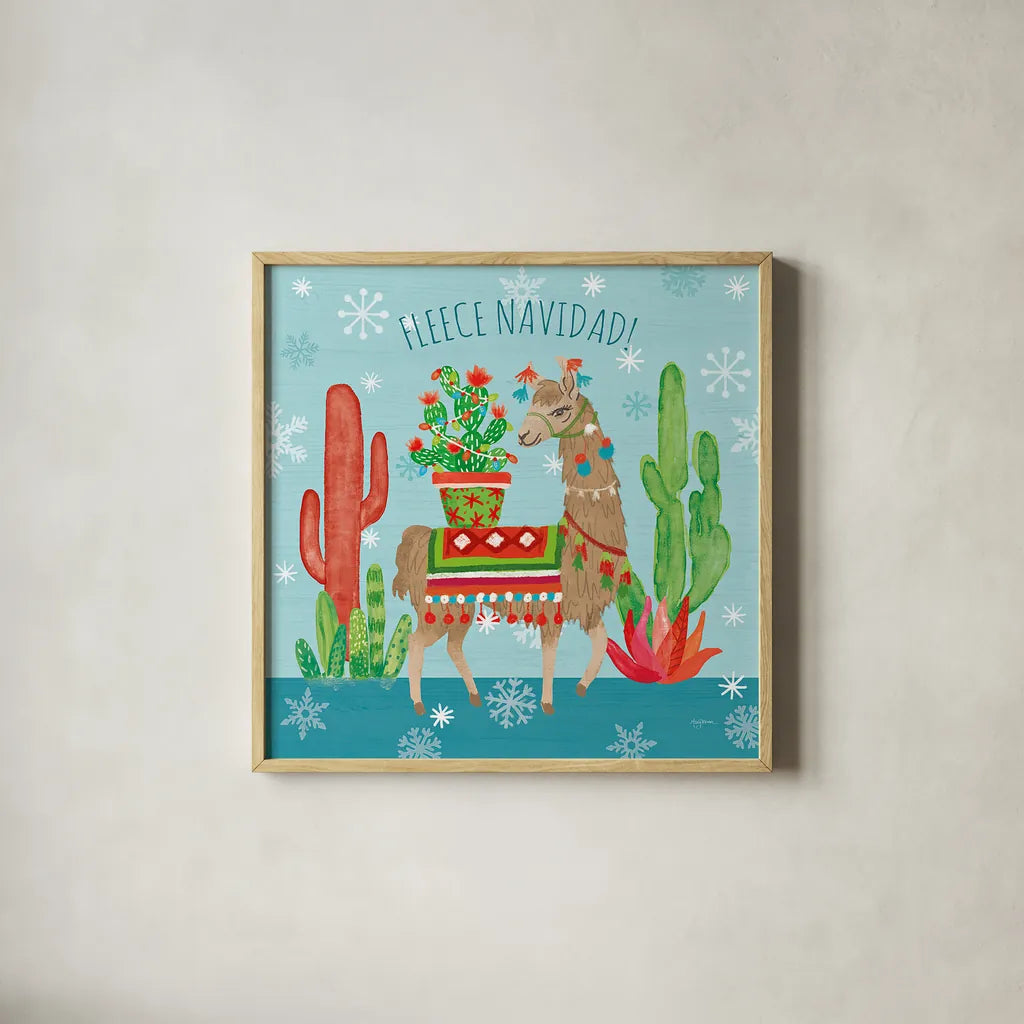 Lovely Llamas Christmas III by Mary Urban. Shown in a natural wood glass frame for a timeless modern aesthetic. Available as an archival giclee rolled canvas, fine art paper, or poster print. SKU 47235a.