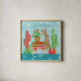 Lovely Llamas Christmas III by Mary Urban. Shown in a natural wood glass frame for a timeless modern aesthetic. Available as an archival giclee rolled canvas, fine art paper, or poster print. SKU 47235a.