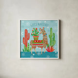 Lovely Llamas Christmas III by Mary Urban. Shown in a crisp white glass frame for a clean and minimalist style. Available as an archival giclee rolled canvas, fine art paper, or poster print. SKU 47235a.