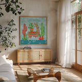 Lovely Llamas Christmas III by Mary Urban. Shown in a natural wood frame in a cozy modern living room. Available as an archival giclee rolled canvas, fine art paper, or poster print. SKU 47235a.