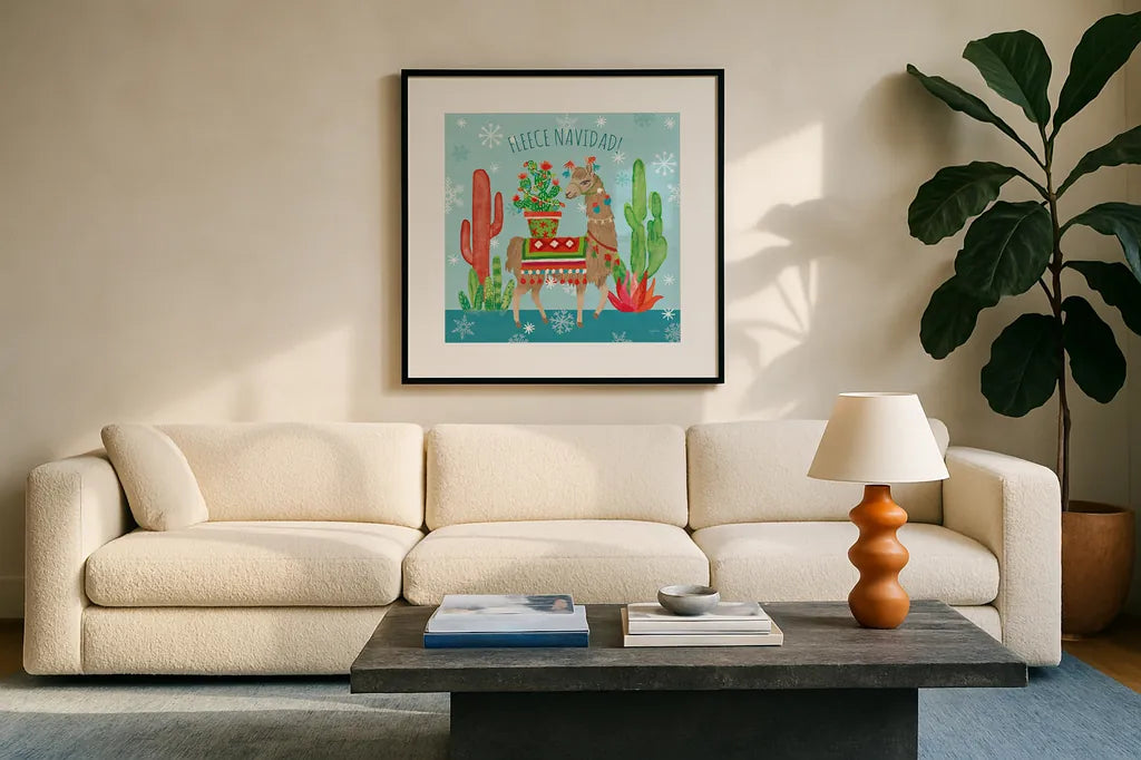 Lovely Llamas Christmas III by Mary Urban. Displayed in a glass frame with matte in a clean modern living room. Available as an archival giclee rolled canvas, fine art paper, or poster print. SKU 47235a.