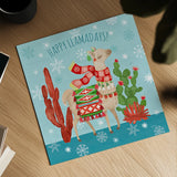 Lovely Llamas Christmas IV by Mary Urban. Shown as a detailed flat fine art print, highlighting archival giclee quality. Available as an archival giclee rolled canvas, fine art paper, or poster print. SKU 47236a.