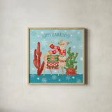 Lovely Llamas Christmas IV by Mary Urban. Shown in a natural wood glass frame for a timeless modern aesthetic. Available as an archival giclee rolled canvas, fine art paper, or poster print. SKU 47236a.