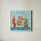 Lovely Llamas Christmas IV by Mary Urban. Shown in a crisp white glass frame for a clean and minimalist style. Available as an archival giclee rolled canvas, fine art paper, or poster print. SKU 47236a.