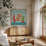 Lovely Llamas Christmas IV by Mary Urban. Shown in a natural wood frame in a cozy modern living room. Available as an archival giclee rolled canvas, fine art paper, or poster print. SKU 47236a.
