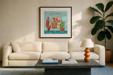 Lovely Llamas Christmas IV by Mary Urban. Displayed in a glass frame with matte in a clean modern living room. Available as an archival giclee rolled canvas, fine art paper, or poster print. SKU 47236a.