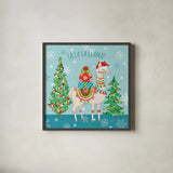Lovely Llamas Christmas IX by Mary Urban. Shown in a sleek black glass frame for a contemporary gallery look. Available as an archival giclee rolled canvas, fine art paper, or poster print. SKU 47239a.