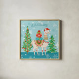 Lovely Llamas Christmas IX by Mary Urban. Shown in a natural wood glass frame for a timeless modern aesthetic. Available as an archival giclee rolled canvas, fine art paper, or poster print. SKU 47239a.