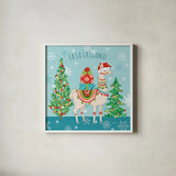 Lovely Llamas Christmas IX by Mary Urban. Shown in a crisp white glass frame for a clean and minimalist style. Available as an archival giclee rolled canvas, fine art paper, or poster print. SKU 47239a.