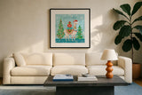 Lovely Llamas Christmas IX by Mary Urban. Displayed in a glass frame with matte in a clean modern living room. Available as an archival giclee rolled canvas, fine art paper, or poster print. SKU 47239a.
