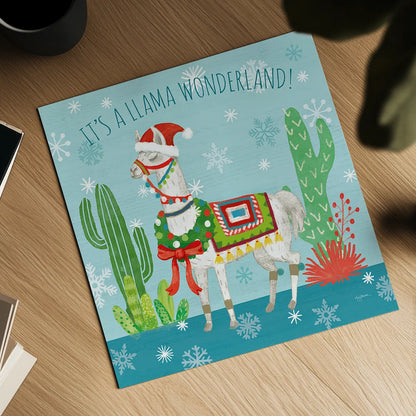Lovely Llamas Christmas V by Mary Urban. Shown as a detailed flat fine art print, highlighting archival giclee quality. Available as an archival giclee rolled canvas, fine art paper, or poster print. SKU 47237a.