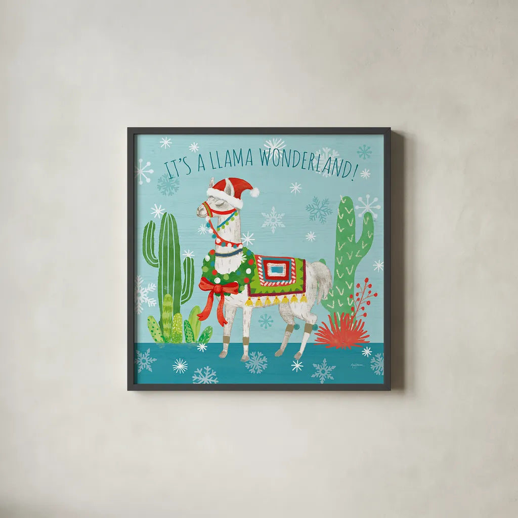 Lovely Llamas Christmas V by Mary Urban. Shown in a sleek black glass frame for a contemporary gallery look. Available as an archival giclee rolled canvas, fine art paper, or poster print. SKU 47237a.