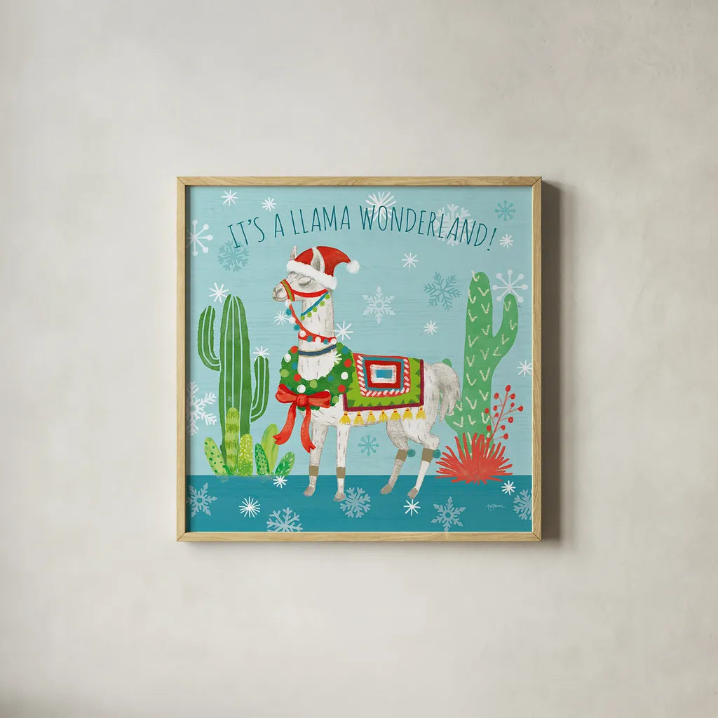 Lovely Llamas Christmas V by Mary Urban. Shown in a natural wood glass frame for a timeless modern aesthetic. Available as an archival giclee rolled canvas, fine art paper, or poster print. SKU 47237a.