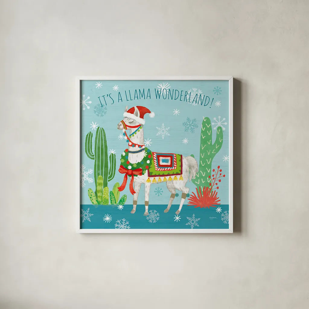 Lovely Llamas Christmas V by Mary Urban. Shown in a crisp white glass frame for a clean and minimalist style. Available as an archival giclee rolled canvas, fine art paper, or poster print. SKU 47237a.