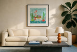 Lovely Llamas Christmas V by Mary Urban. Displayed in a glass frame with matte in a clean modern living room. Available as an archival giclee rolled canvas, fine art paper, or poster print. SKU 47237a.