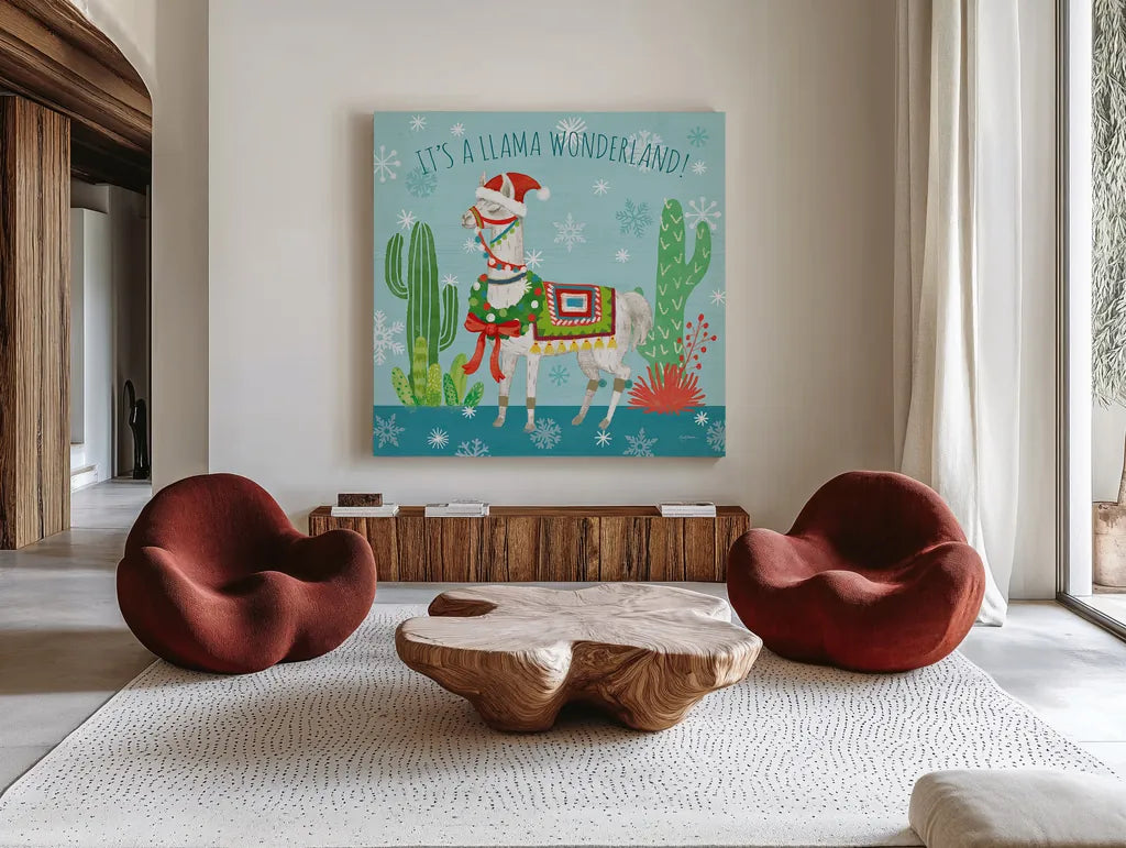 Lovely Llamas Christmas V by Mary Urban. Shown as extra-large giant wall art in a modern living room. Available as an archival giclee rolled canvas, fine art paper, or poster print. SKU 47237a.