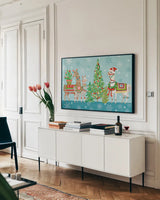 Lovely Llamas Christmas VIII by Mary Urban. shown as a framed stretched canvas in a living room above a console. Available as a archival giclee rolled canvas, fine art paper, or poster print. SKU 47238i.