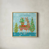 Lovely Llamas Christmas X by Mary Urban. Shown in a natural wood glass frame for a timeless modern aesthetic. Available as an archival giclee rolled canvas, fine art paper, or poster print. SKU 47240a.