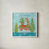 Lovely Llamas Christmas X by Mary Urban. Shown in a crisp white glass frame for a clean and minimalist style. Available as an archival giclee rolled canvas, fine art paper, or poster print. SKU 47240a.