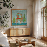 Lovely Llamas Christmas X by Mary Urban. Shown in a natural wood frame in a cozy modern living room. Available as an archival giclee rolled canvas, fine art paper, or poster print. SKU 47240a.