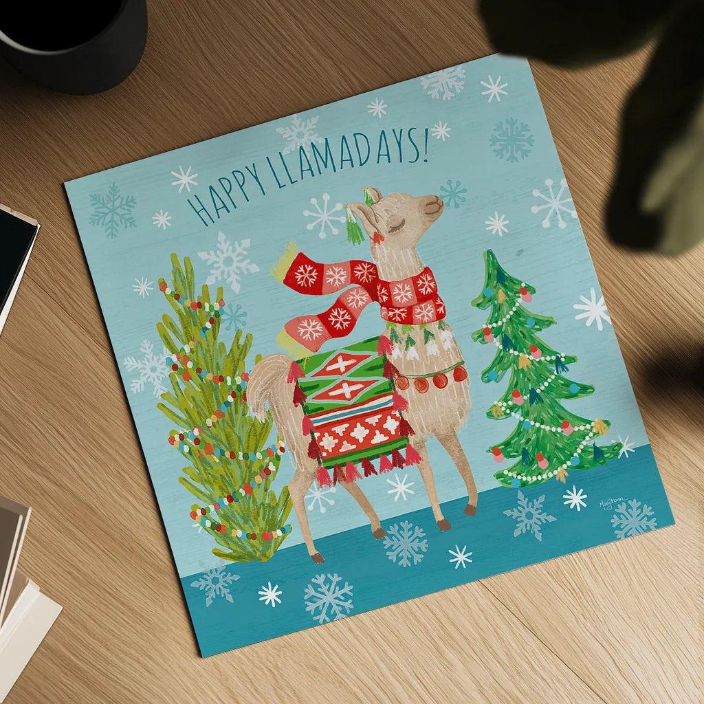 Lovely Llamas Christmas XI by Mary Urban. Shown as a detailed flat fine art print, highlighting archival giclee quality. Available as an archival giclee rolled canvas, fine art paper, or poster print. SKU 47241a.