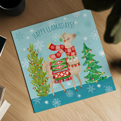 Lovely Llamas Christmas XI by Mary Urban. Shown as a detailed flat fine art print, highlighting archival giclee quality. Available as an archival giclee rolled canvas, fine art paper, or poster print. SKU 47241a.