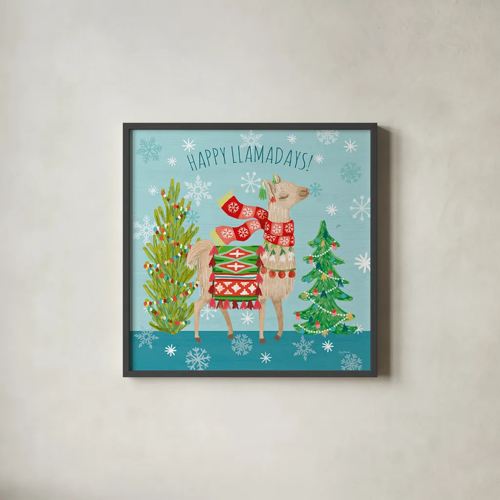 Lovely Llamas Christmas XI by Mary Urban. Shown in a sleek black glass frame for a contemporary gallery look. Available as an archival giclee rolled canvas, fine art paper, or poster print. SKU 47241a.