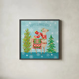 Lovely Llamas Christmas XI by Mary Urban. Shown in a sleek black glass frame for a contemporary gallery look. Available as an archival giclee rolled canvas, fine art paper, or poster print. SKU 47241a.