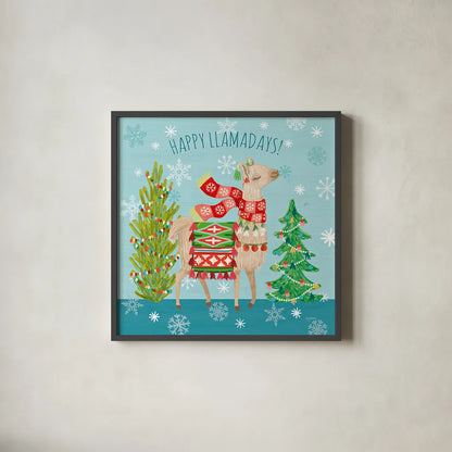 Lovely Llamas Christmas XI by Mary Urban. Shown in a sleek black glass frame for a contemporary gallery look. Available as an archival giclee rolled canvas, fine art paper, or poster print. SKU 47241a.