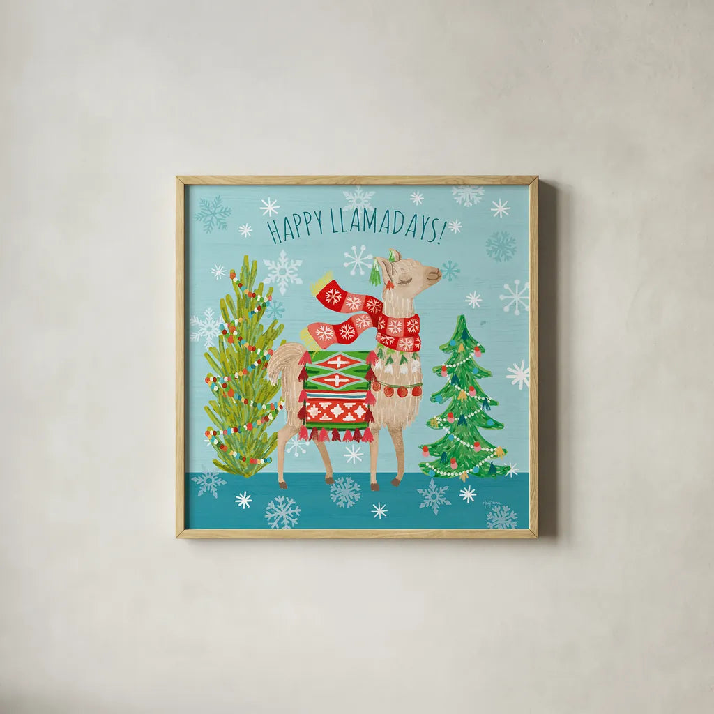 Lovely Llamas Christmas XI by Mary Urban. Shown in a natural wood glass frame for a timeless modern aesthetic. Available as an archival giclee rolled canvas, fine art paper, or poster print. SKU 47241a.