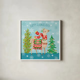 Lovely Llamas Christmas XI by Mary Urban. Shown in a crisp white glass frame for a clean and minimalist style. Available as an archival giclee rolled canvas, fine art paper, or poster print. SKU 47241a.