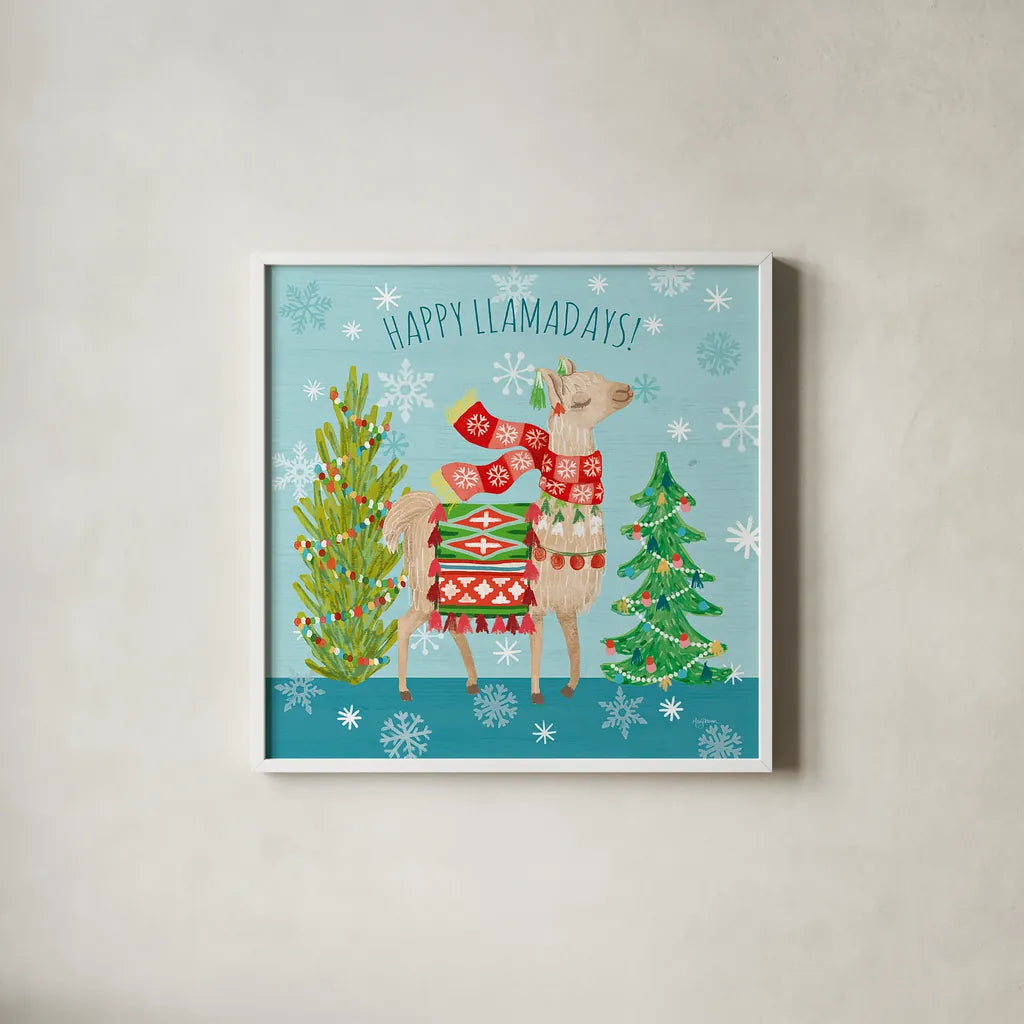 Lovely Llamas Christmas XI by Mary Urban. Shown in a crisp white glass frame for a clean and minimalist style. Available as an archival giclee rolled canvas, fine art paper, or poster print. SKU 47241a.