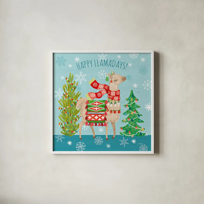 Lovely Llamas Christmas XI by Mary Urban. Shown in a crisp white glass frame for a clean and minimalist style. Available as an archival giclee rolled canvas, fine art paper, or poster print. SKU 47241a.
