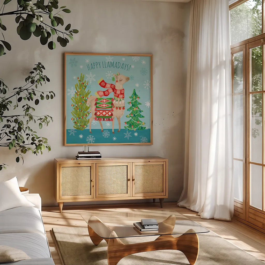 Lovely Llamas Christmas XI by Mary Urban. Shown in a natural wood frame in a cozy modern living room. Available as an archival giclee rolled canvas, fine art paper, or poster print. SKU 47241a.