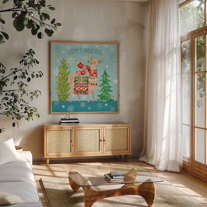 Lovely Llamas Christmas XI by Mary Urban. Shown in a natural wood frame in a cozy modern living room. Available as an archival giclee rolled canvas, fine art paper, or poster print. SKU 47241a.