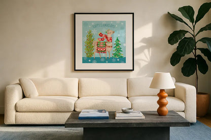 Lovely Llamas Christmas XI by Mary Urban. Displayed in a glass frame with matte in a clean modern living room. Available as an archival giclee rolled canvas, fine art paper, or poster print. SKU 47241a.