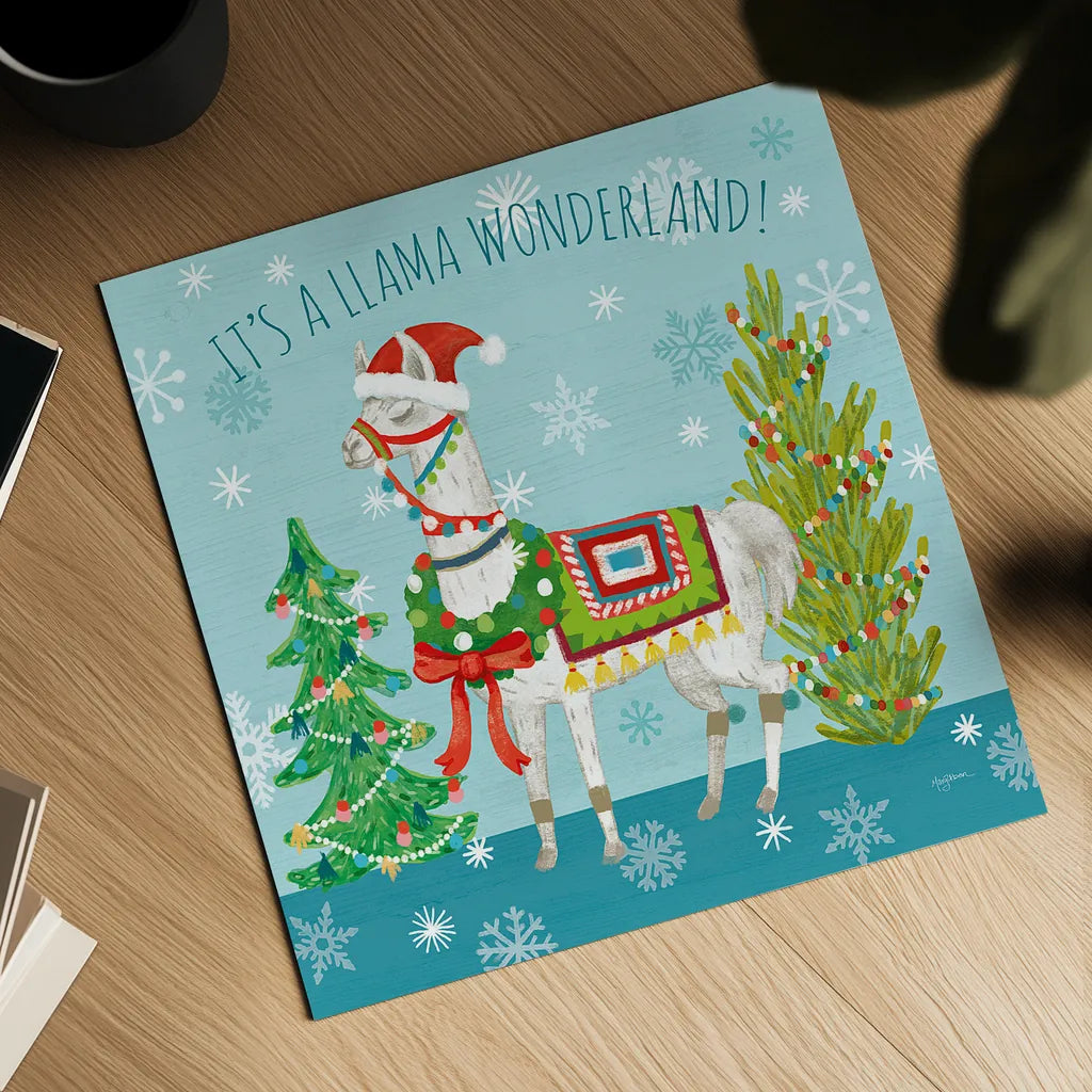 Lovely Llamas Christmas XII by Mary Urban. Shown as a detailed flat fine art print, highlighting archival giclee quality. Available as an archival giclee rolled canvas, fine art paper, or poster print. SKU 47242a.