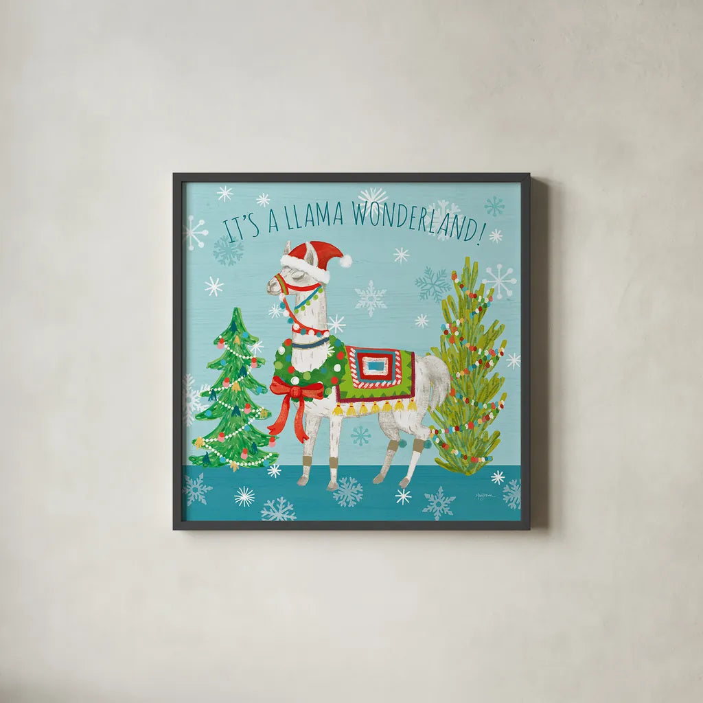 Lovely Llamas Christmas XII by Mary Urban. Shown in a sleek black glass frame for a contemporary gallery look. Available as an archival giclee rolled canvas, fine art paper, or poster print. SKU 47242a.