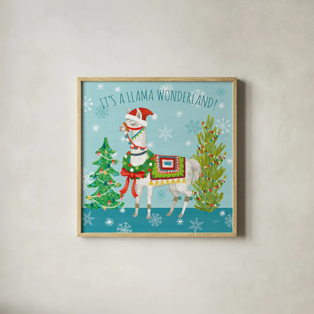 Lovely Llamas Christmas XII by Mary Urban. Shown in a natural wood glass frame for a timeless modern aesthetic. Available as an archival giclee rolled canvas, fine art paper, or poster print. SKU 47242a.