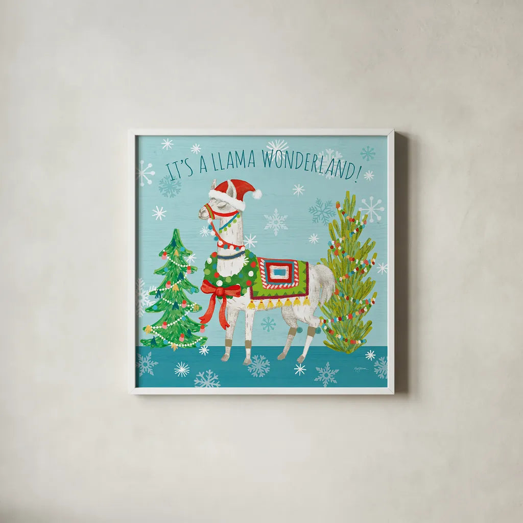 Lovely Llamas Christmas XII by Mary Urban. Shown in a crisp white glass frame for a clean and minimalist style. Available as an archival giclee rolled canvas, fine art paper, or poster print. SKU 47242a.