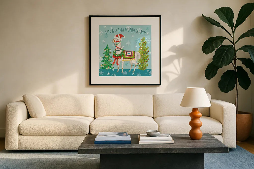 Lovely Llamas Christmas XII by Mary Urban. Displayed in a glass frame with matte in a clean modern living room. Available as an archival giclee rolled canvas, fine art paper, or poster print. SKU 47242a.