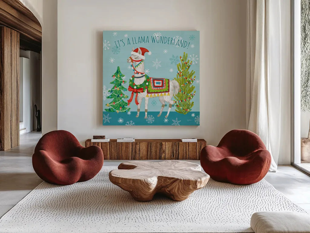 Lovely Llamas Christmas XII by Mary Urban. Shown as extra-large giant wall art in a modern living room. Available as an archival giclee rolled canvas, fine art paper, or poster print. SKU 47242a.