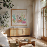 Lovely Llamas I by Mary Urban. Shown in a natural wood frame in a cozy modern living room. Available as an archival giclee rolled canvas, fine art paper, or poster print. SKU 38792a.