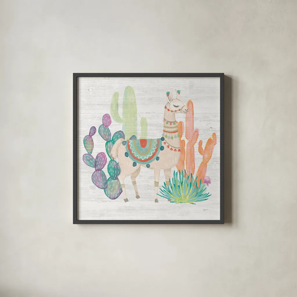Lovely Llamas II by Mary Urban. Shown in a sleek black glass frame for a contemporary gallery look. Available as an archival giclee rolled canvas, fine art paper, or poster print. SKU 38793a.