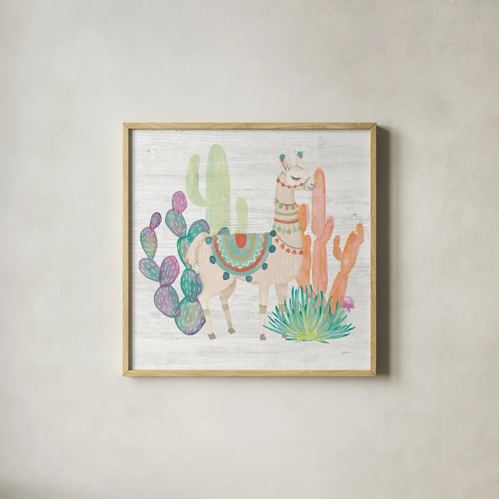 Lovely Llamas II by Mary Urban. Shown in a natural wood glass frame for a timeless modern aesthetic. Available as an archival giclee rolled canvas, fine art paper, or poster print. SKU 38793a.
