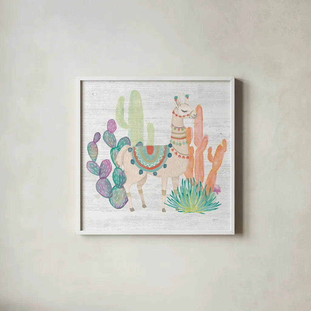 Lovely Llamas II by Mary Urban. Shown in a crisp white glass frame for a clean and minimalist style. Available as an archival giclee rolled canvas, fine art paper, or poster print. SKU 38793a.