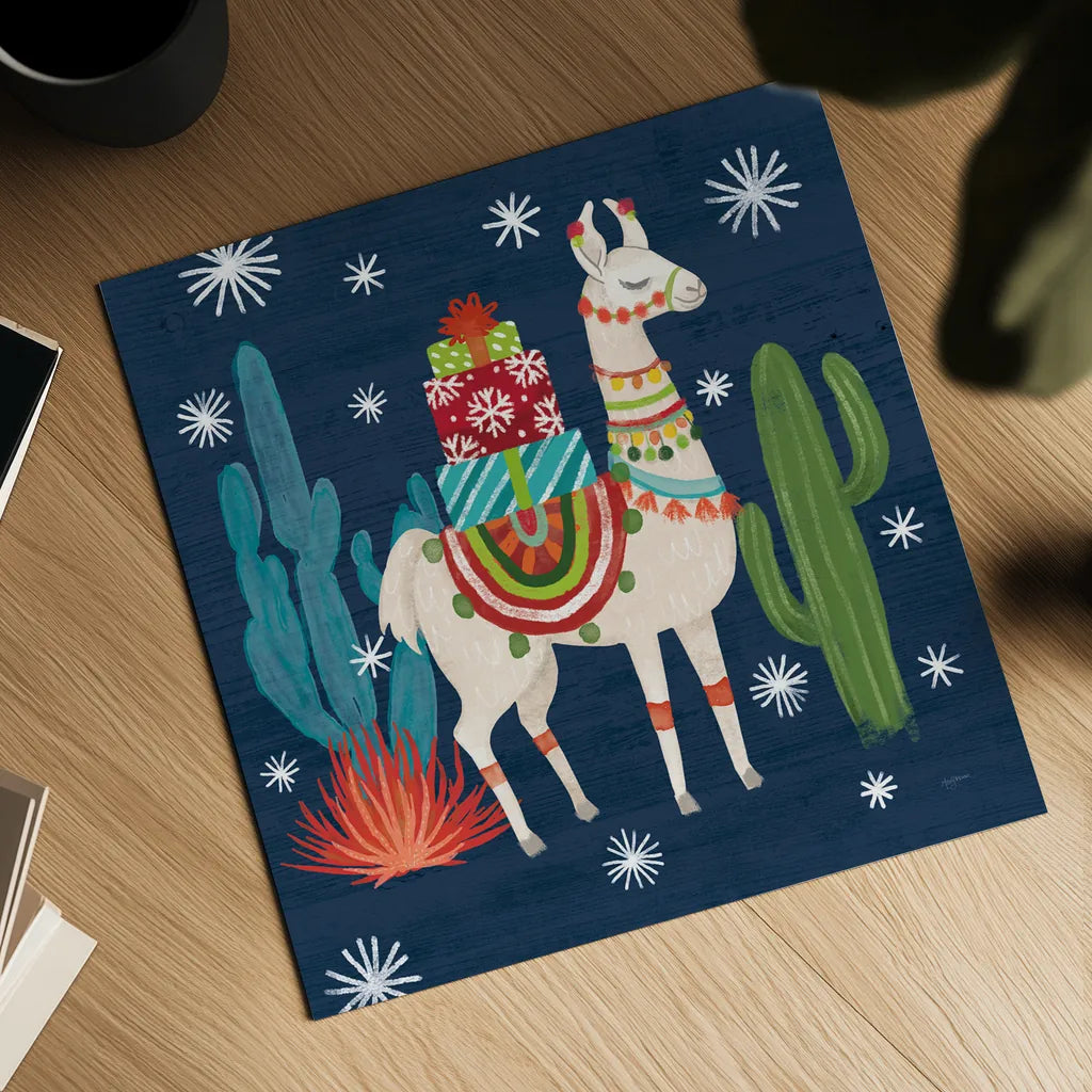 Lovely Llamas II Christmas by Mary Urban. Shown as a detailed flat fine art print, highlighting archival giclee quality. Available as an archival giclee rolled canvas, fine art paper, or poster print. SKU 42829a.