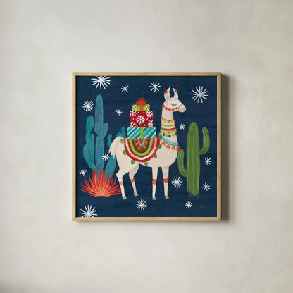 Lovely Llamas II Christmas by Mary Urban. Shown in a natural wood glass frame for a timeless modern aesthetic. Available as an archival giclee rolled canvas, fine art paper, or poster print. SKU 42829a.