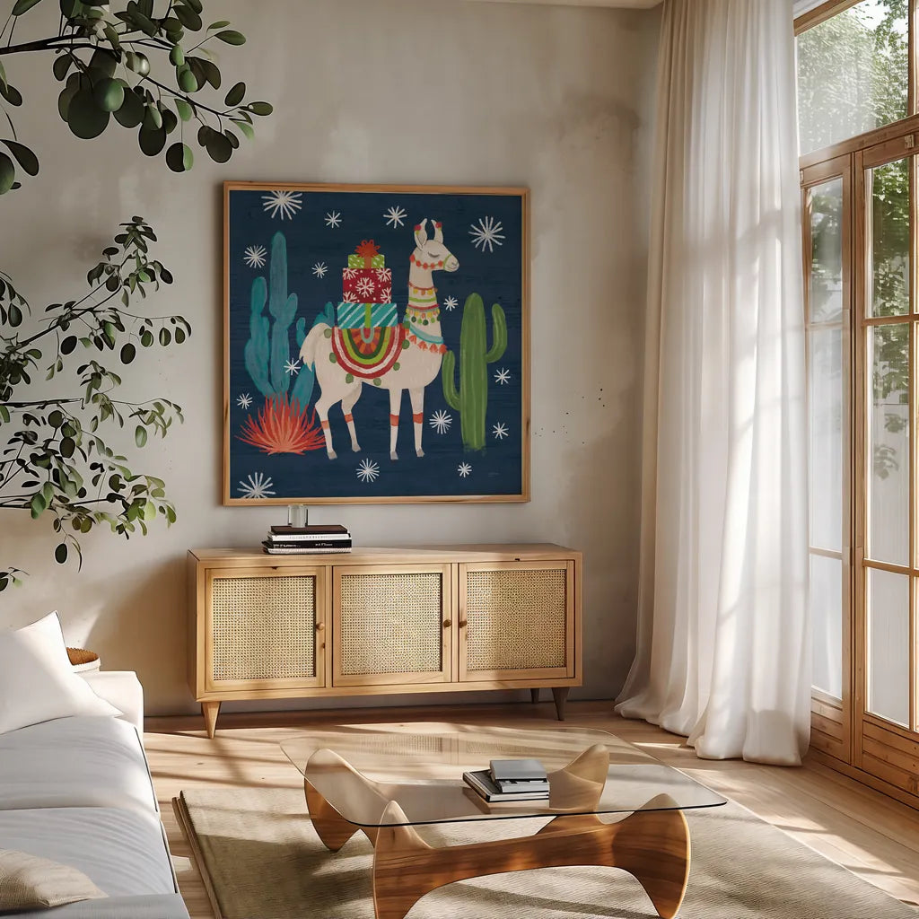 Lovely Llamas II Christmas by Mary Urban. Shown in a natural wood frame in a cozy modern living room. Available as an archival giclee rolled canvas, fine art paper, or poster print. SKU 42829a.